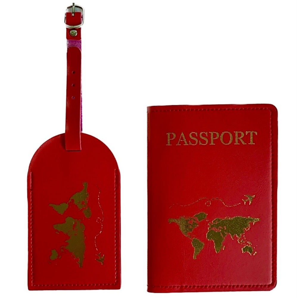 $3 ADD ON ITEM Red and Gold Compact Travel Passport Holder W/ Luggage Tag (NWOT)